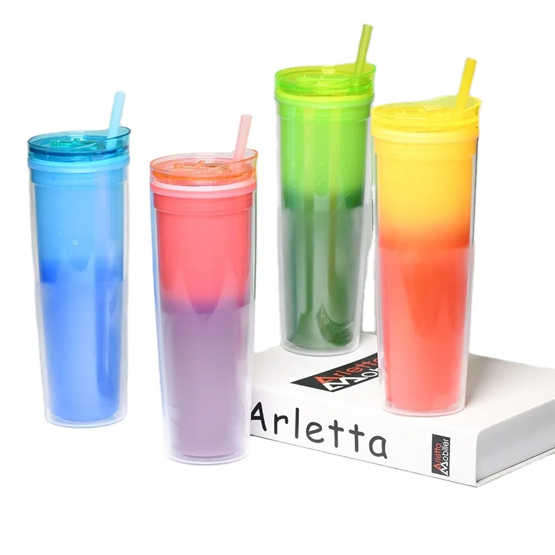 

Double wall 580ml Color Changing Reusable plastic Tumblers cold water changing Straight plastic drinking straw cup with lid, Clear