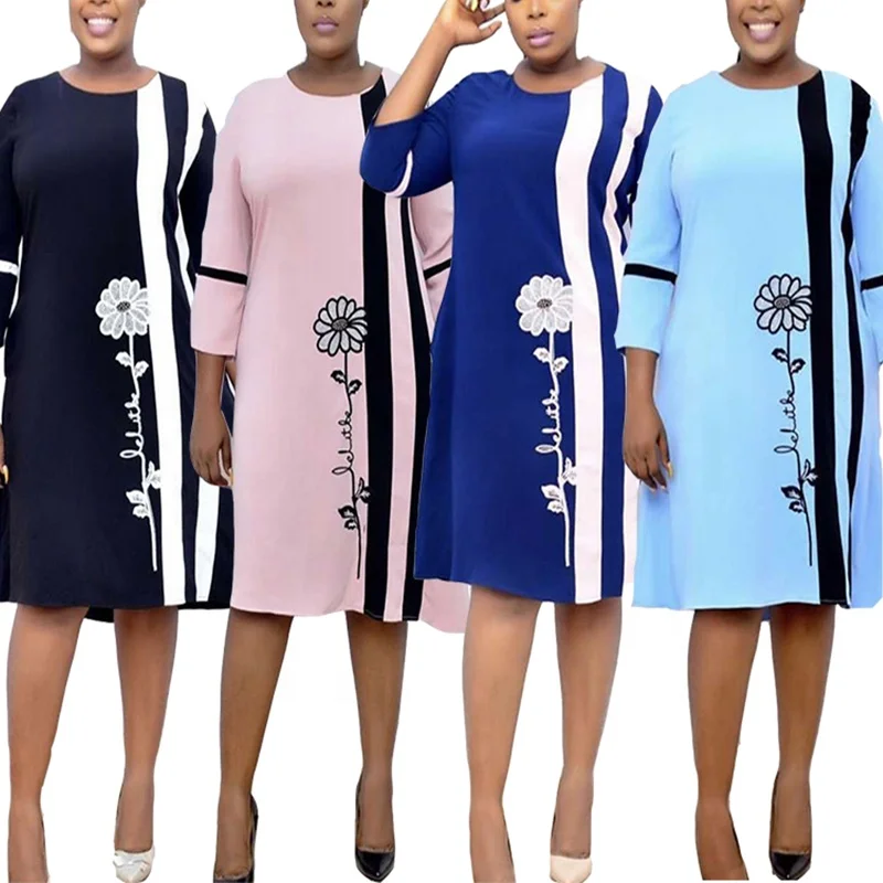 

2021 new fashion large women's dress print round neck three-quarter sleeve swing dress