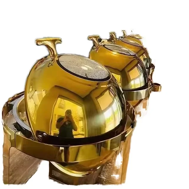 Wedding Luxury Round Gold Stainless Steel Restaurant Kitchenware Set Gas Hot Pot Chafing Dishes Food Buffet Display Hotel