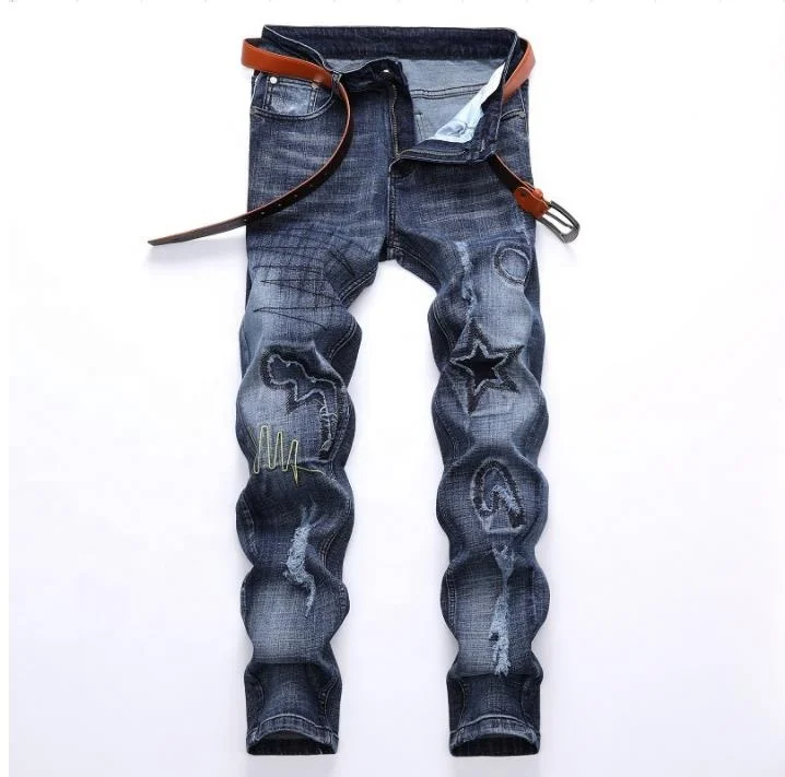 

Men Jeans Ripped Biker Hole Denim Straight Punk Rock Slim Fit Classic Hip Hop Blue Jeans For Men Pants