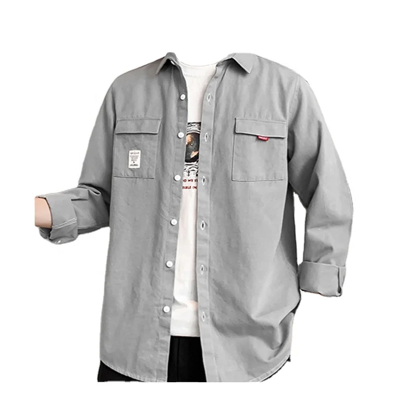 

Men button up shirts customized label two chest pockets men long sleeve shirts2021 Casual Shirts Grey Regular