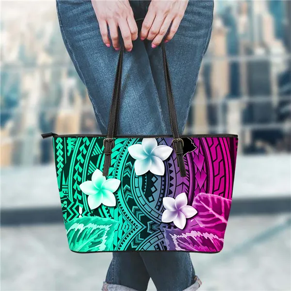 

PU Leather Purses and Handbags Women Polynesian Traditional Tribal Colorful Flower Luxury Ladies Casual Large Tote Shoulder Bags