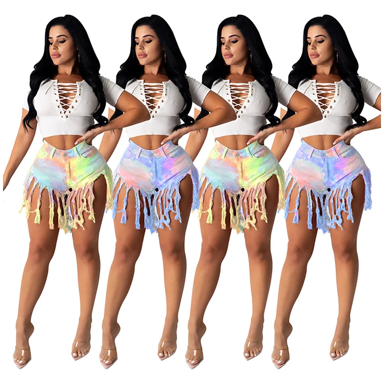 

Stylish tassels gradient ramp Summer Women Female Bottoms Ladies Trousers Denim Shorts Jeans Pants