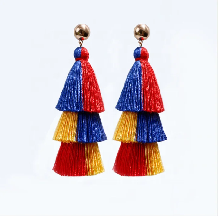 

Multi Layer Cotton Thread Woman Earrings,Colorful Tassel Drop Earrings, Picture