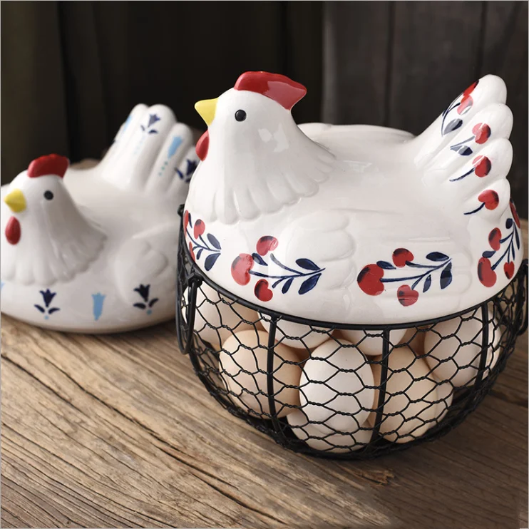 

OH17 Stainless Steel Storage Basket Chicken Egg Basket with Ceramic Lid, White