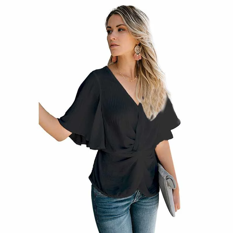 

Summer Tops For Women V-Neck Bell Sleeve Twist Pleated Shirts And Blouses Ladies