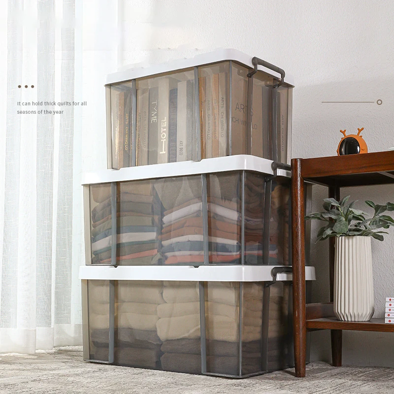 

High Quality Multifunctional Household Car Outside PP Plastic Transparent Storage Box with Two Handle, Transparent/brown