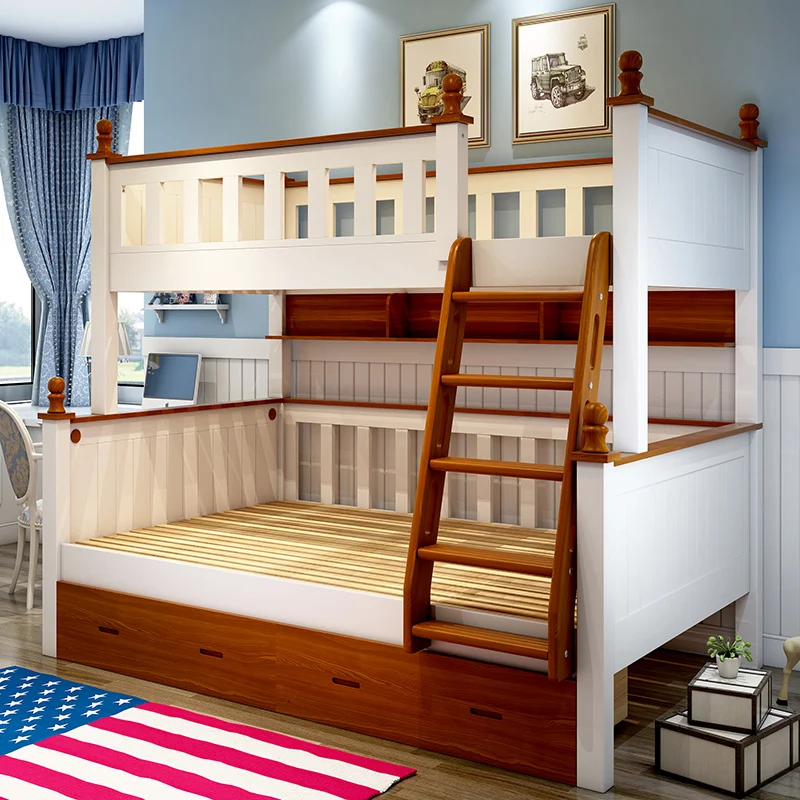 عالية الجودة الأطفال أطقم أثاث غرفة النوم متعددة الوظائف الطفل نمط البحر الأبيض المتوسط الصلبة سرير خشبي دورين مزود بطاولة للأطفال