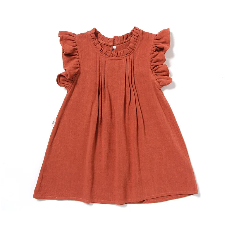 

B54375A Cross-border hot selling little girls casual pure color ruffles dress, White/beige/pink/red/brown