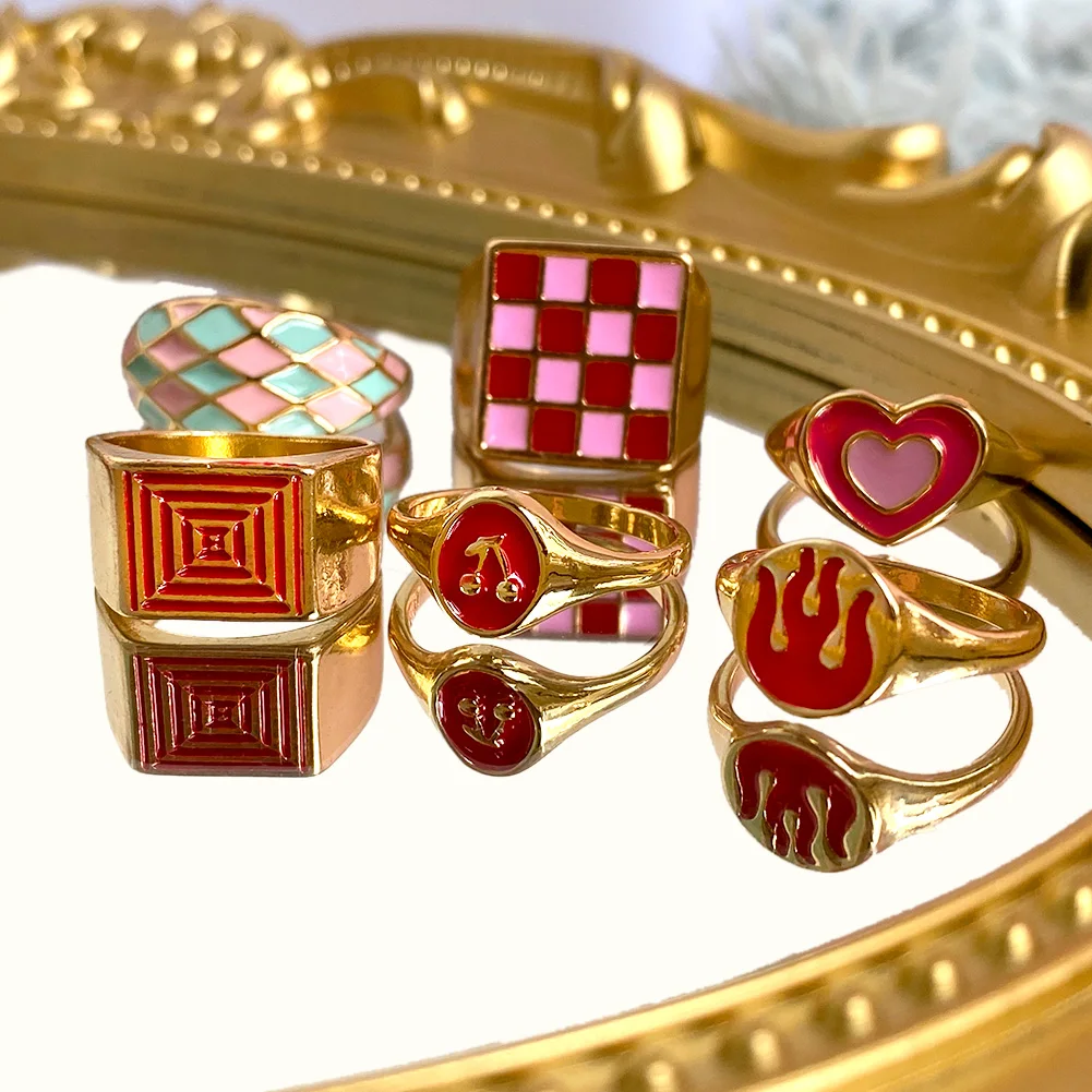 

Factory Wholesale Fashion Cute Gold Plated Blaze Cherry Heart Plaid Enamel Rings For Women Girls Pop Chunky Jewelry, Mixed color