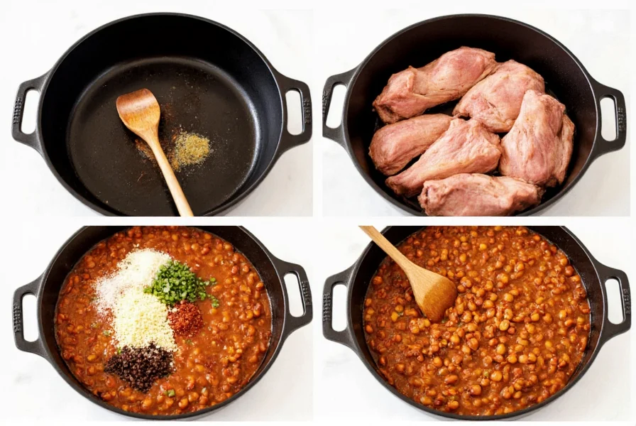 Step-by-step preparation of healthy turkey and black bean chili recipe showing ingredients in cast iron pot