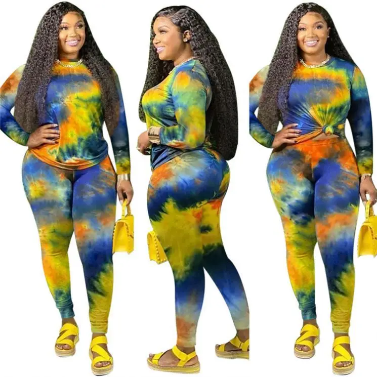 

High Quality 2021 Fall Set Woman Fashion Tie Dye Sexy Oversize Women Joggers Suits Set Plus Size Two Piece Set