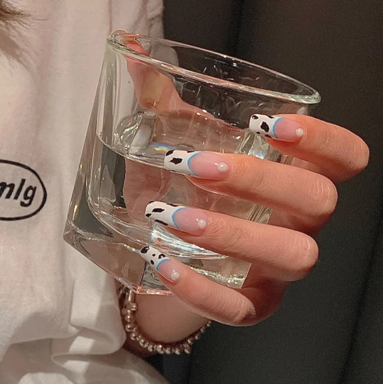 

Long Ballerina press on nails cow print pearl full nail cover false nail piece