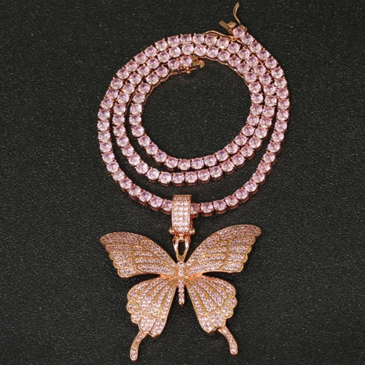 

Hiphop pink cz crystal butterfly choker necklace with tennis chain rock pink women fashion jewelry