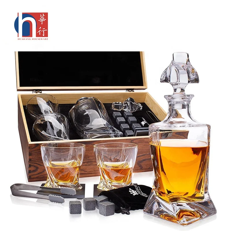 

Wholesale Custom Twist Liquor Crystal Whiskey Glass and Decanter with Whiskey Stones Whiskey Set Wooden Box, Clear