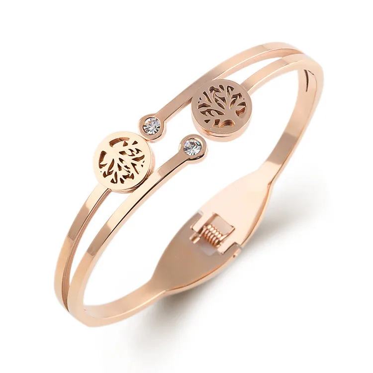 

Luxury Women Rose Gold Plated Stainless Steel Hollow Tree of Life Charms Cuff Bangles