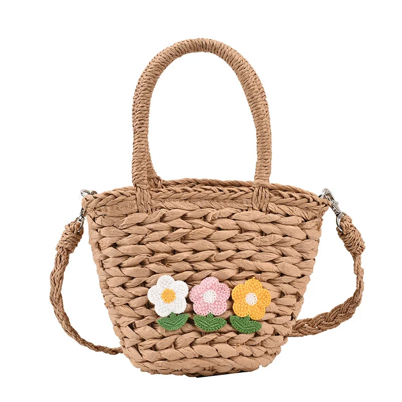 

Hot selling women straw shoulder purse Eco-Friendly summer beach bucket bag with flower decoration