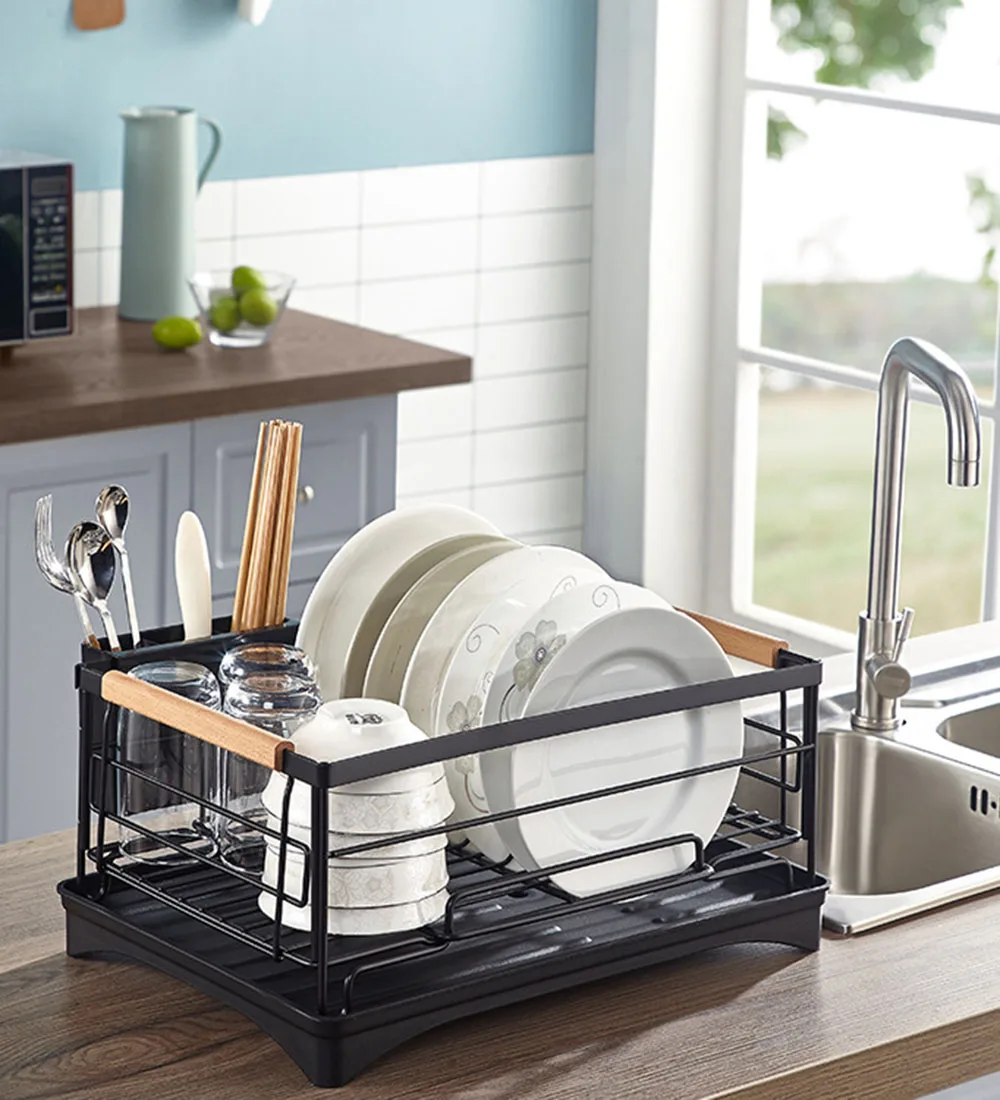 

Kitchen Stainless Steel Dish Rack with Plastic Tray Dish Drainer for Countertop, Black Assemble Design