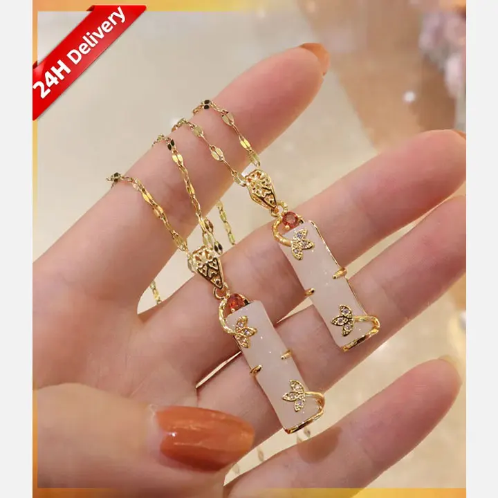 HOVANCI Real Gold Plated Stainless Steel Necklace Jewelry Exquisite Long Bamboo Shape Pink Natural Jade Pendant Necklace