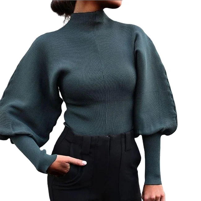 

2021 new fashion Solid color knitted lantern long sleeve pullover turtleneck sweater tops