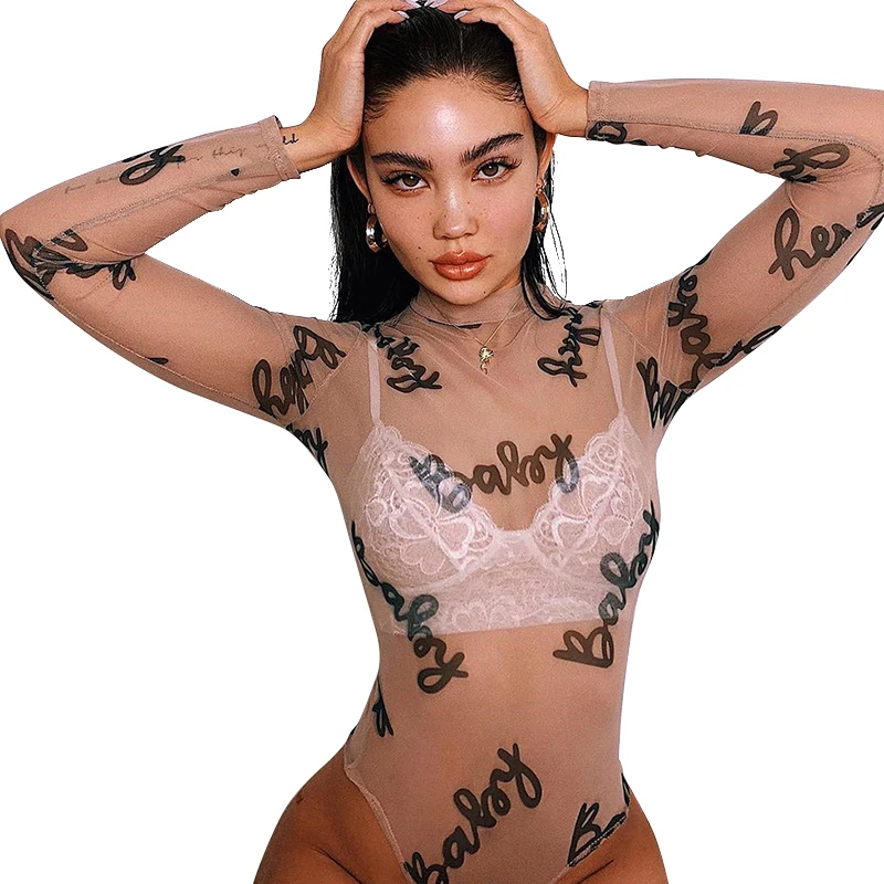 

Long Sleeve With Gloves Party Print Turtleneck Autumn Winter Bodysuit Bodycon Bodysuits