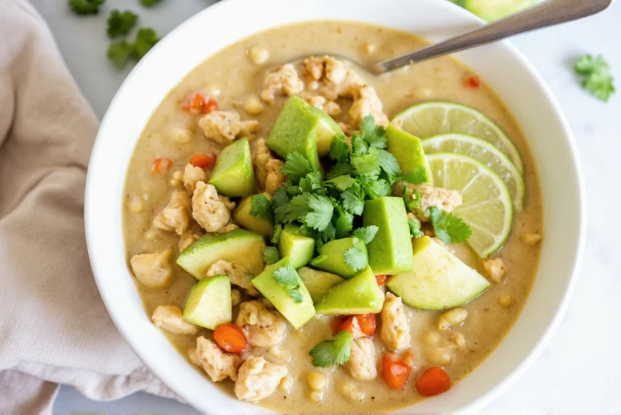 Finished white chicken chili in white ceramic bowl with toppings including avocado, cilantro, and lime wedges