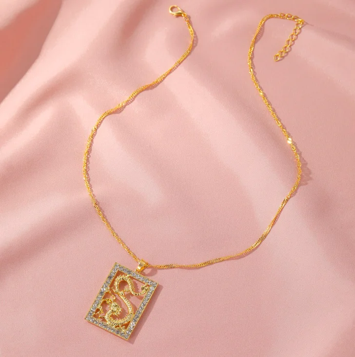 

Hot Sale! jialin jewelry Wholesale 18k Gold Plated Chinese Lucky Snake Square dragon pendant necklace