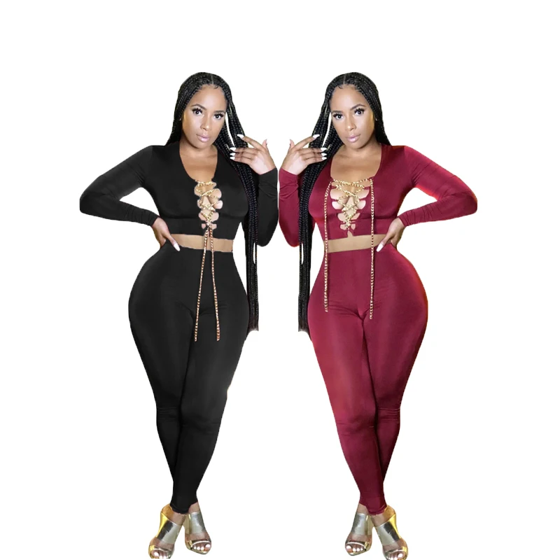 

New Arrival Fashionable Women Sexy Deep V Neck Metal Lace Slinky Long Sleeve Top & Pants Plain Dyed 2 Piece Set