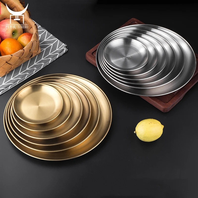 

Korean Barbecue Dish Set Stainless Steel Metal Round Serving Tray Salad Plate Flat Shallow Tray Pizza Cake Tray