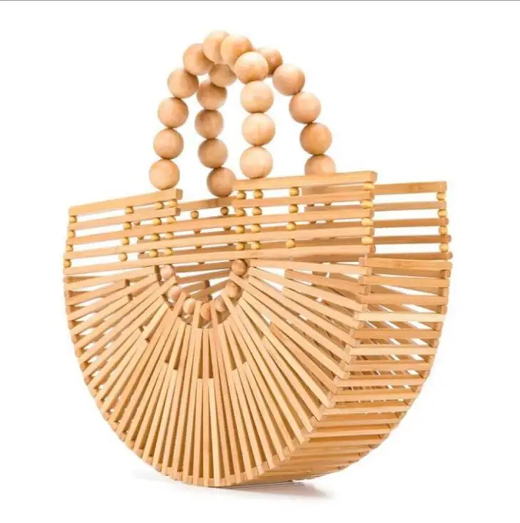 

Hollow Out Bamboo Round Tote Bag Women Summer Beach Basket Clutch Handbag Bag Handmade Wooden Purse Handbag Woven Holiday Bag