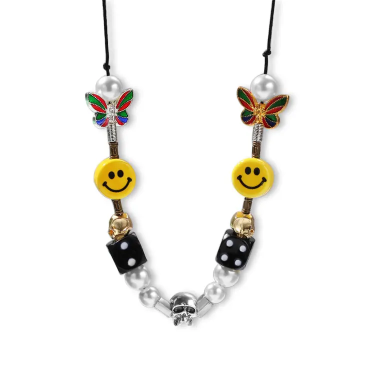 

SC Fashion Rock Y2K Beaded Necklace Ceramic Yellow Smiley Face Necklace Rocky Dice Skull Butterfly Pearl Bead Necklace Bracelet, Black, green