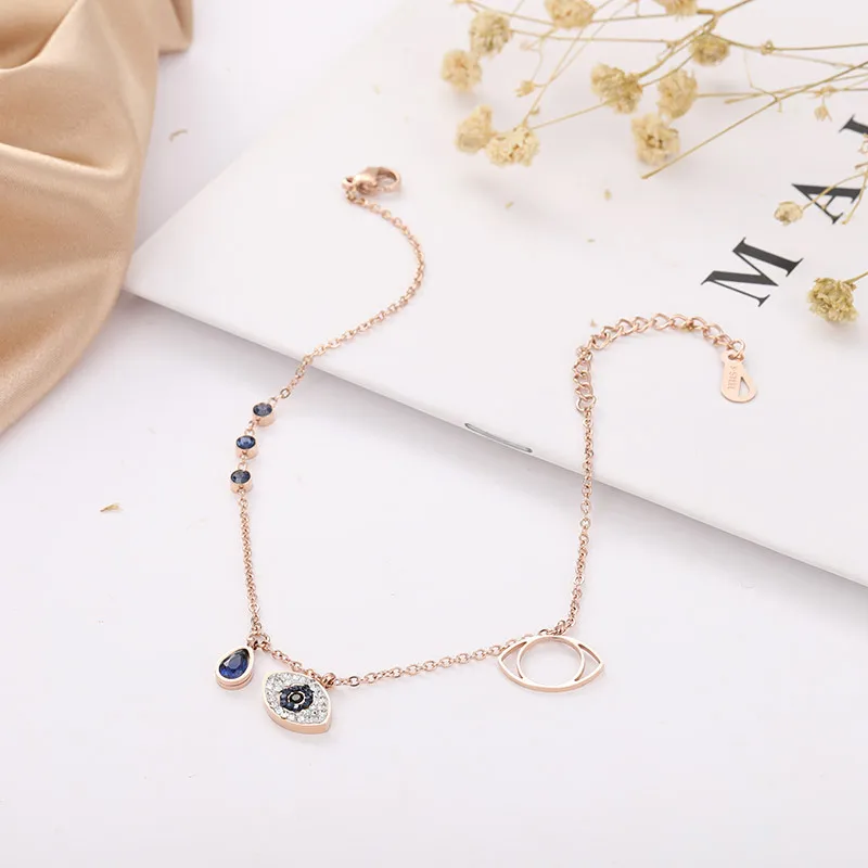 

Turkish Evil Eye Pendant Anklets Titanium Jewelry Rose Gold Plated Ankle Bracelet Women Diamond Charm Anklets Foot Jewelry