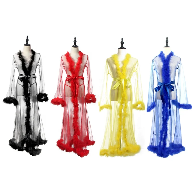 

2021 New Arrival Lace three point Long hot women Femme Fur sheer Robe mesh Trim Sexy Lingerie