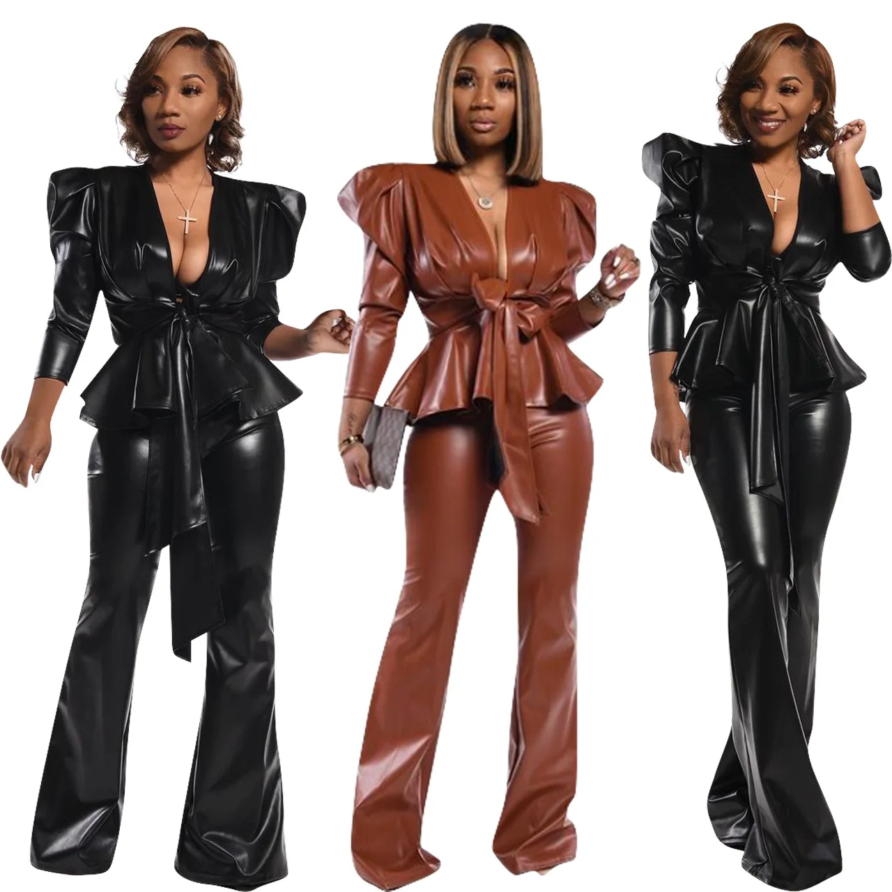

faux fur collar winter plus sized women's jackets parka coats unique pu leather two 2 piece pant set for women 2021, Black, caramel