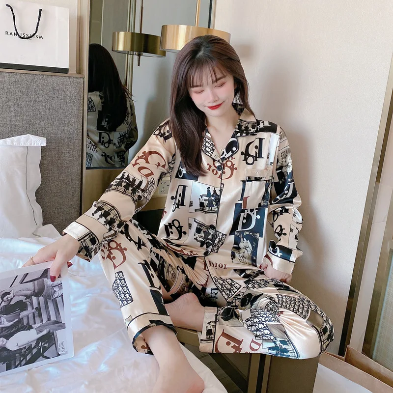 

Fall SleepWear Lady 2 Piece Nightwear Nighty Home Clothes Silk Pyjama Designer Inspired Pajama Satin Night Suit For Women, Picture shows