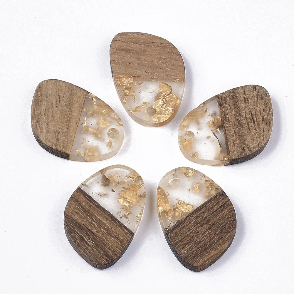 

PandaHall Gold Foil Teardrop Gold Transparent Resin Walnut Wood Pendants