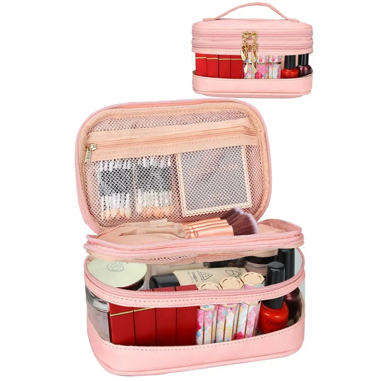 

Wholesale Custom Clear Transparent Pink 2 Layers Portable Waterproof Toiletry Bag Travel Cosmetic Makeup Vanity Pouch Bag Case