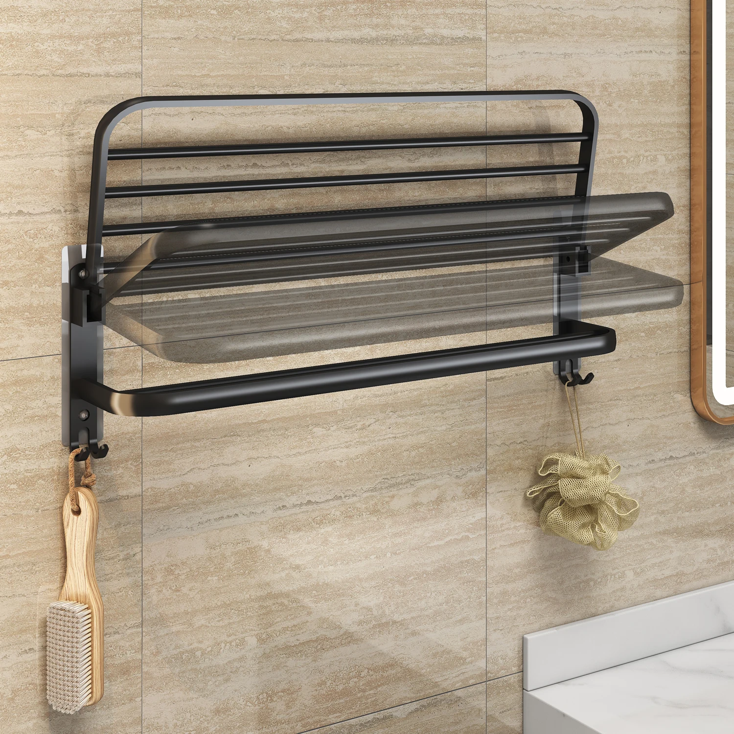 

Matte Black Wall Mount Towel Holder Foldable Towel Shelf Towel Rack Stand, Elegant black