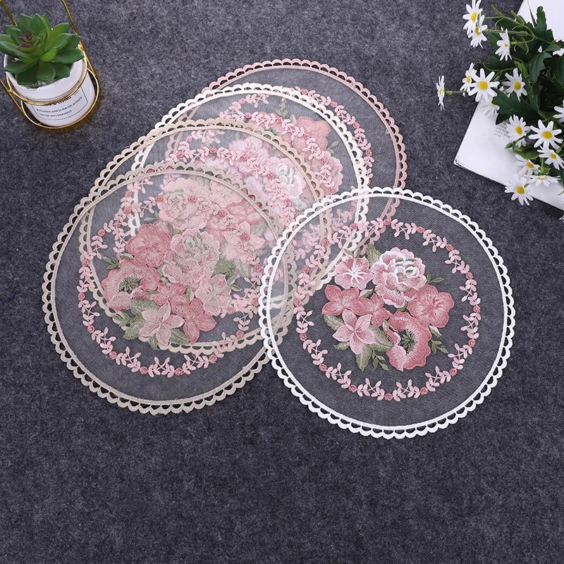 

1pc Retro Round Lace Mesh Embroidery Flower Table Mat Home Textile Photo Background