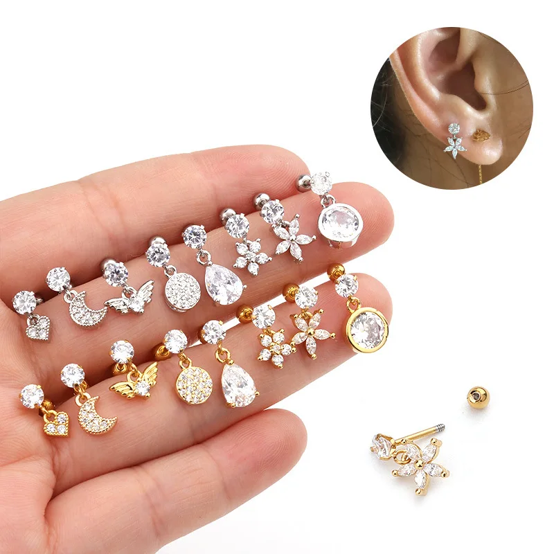 

YW Silver Gold Curved Stainless Steel Bar Ear Piercing Jewelry Flower Moon Heart Tragus Daith Piercing Earring