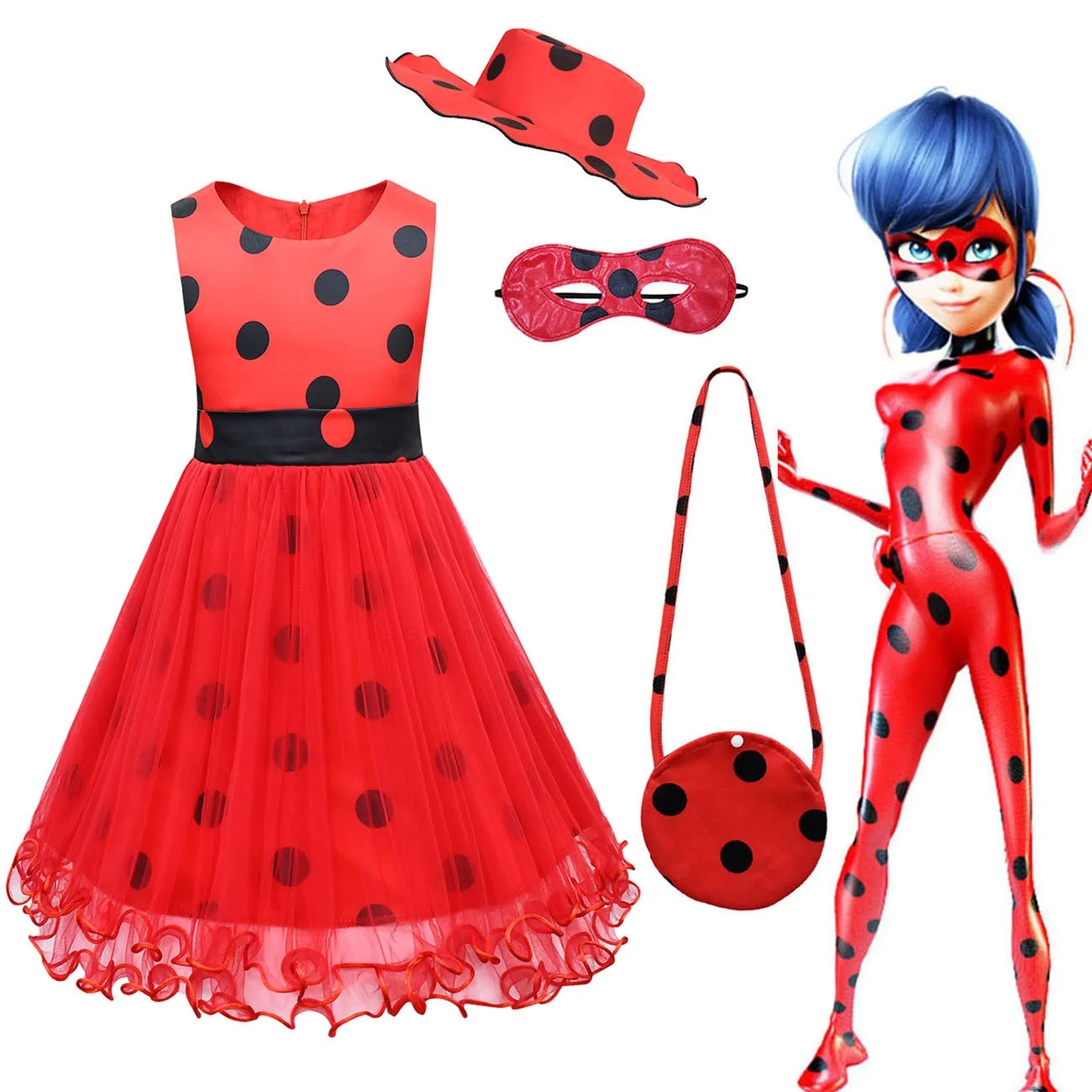 

Hot Sale Kids Girls Tv&Movie Character Cosplay Lady bug Costume with Accessories, Red