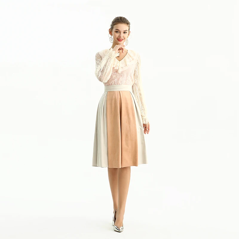 

S136 2021 women's skirts Autumn Fall High Quality Fashion Elegant Multi flock suede invert pleat A-line Women Skirts