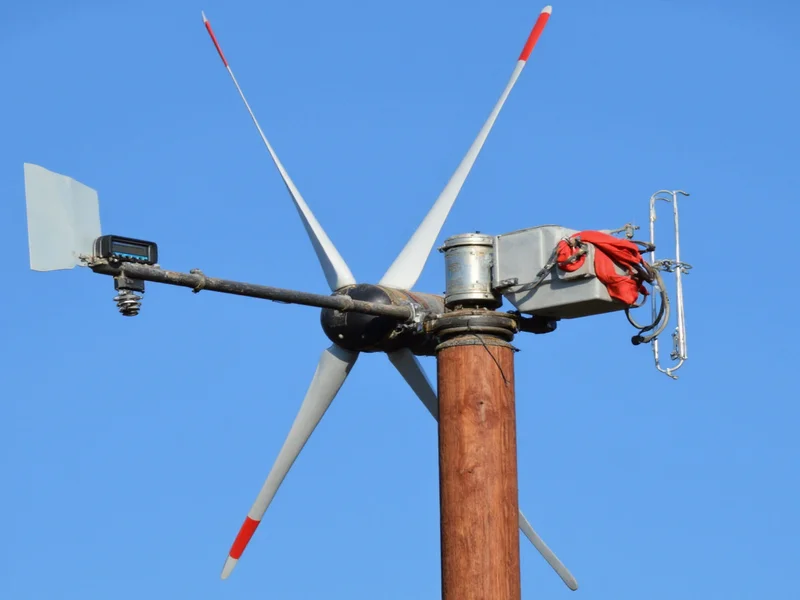 DIY wind turbine mounted on backyard tower with multimeter reading