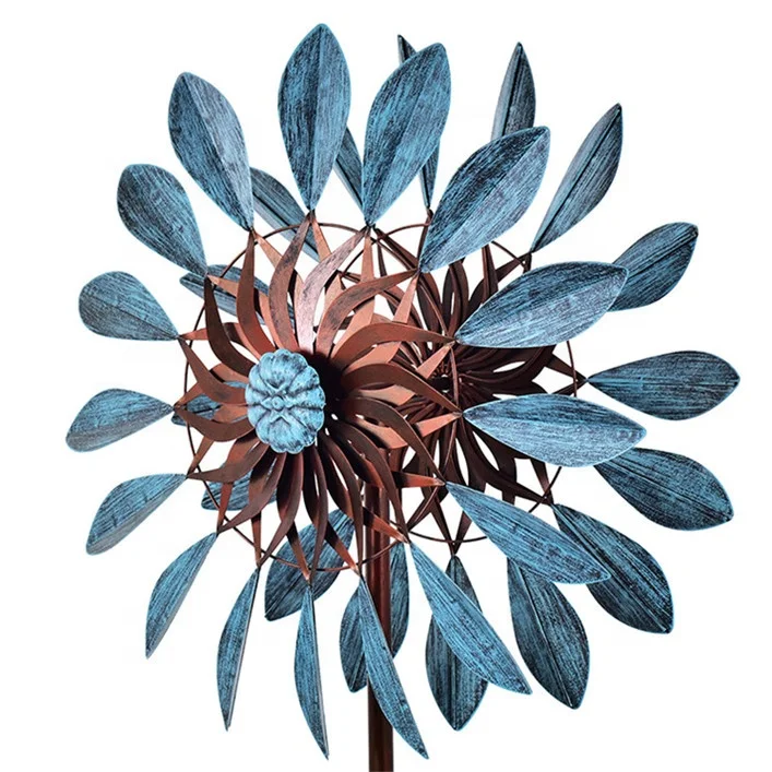 

Hourpark Hot selling Blue and Bronze flower windmill Double sides wind spinner Garden wind spinner