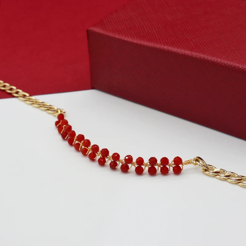 

W0744 Festive red natural carnelian stone customized lobster buckle gold plated brass chain bangle bracelet