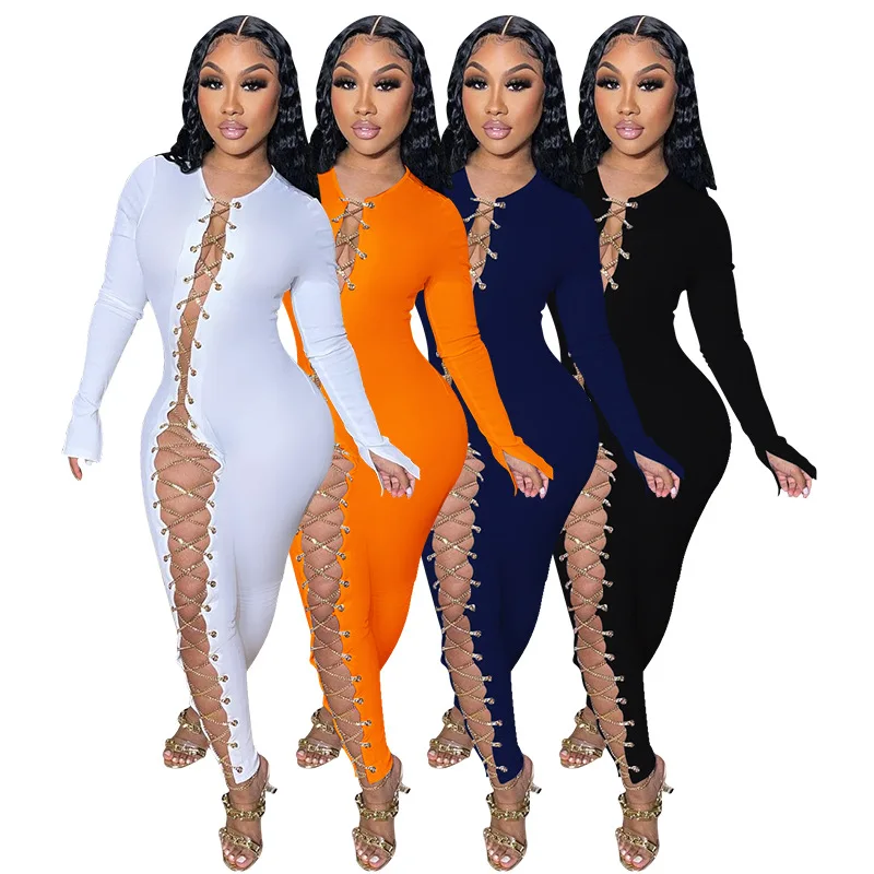 

MD-20220301 2021 Women One Piece Sexy Skinny Jumpsuits Rompers Party Club Wear Bodycon Hollow Out Fashion Jumpsuits Bodysuits