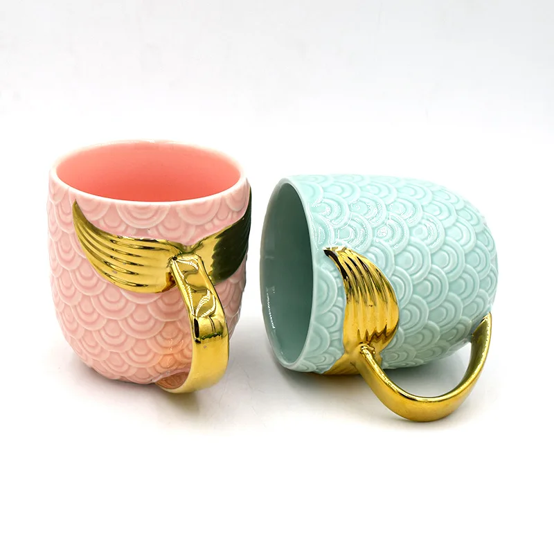 

Seaygift Wedding Gifts Creative Tea Coffee Milk cup unique couple gold handle coffee mermaid ceramic mugs for promotion, Pink/blue
