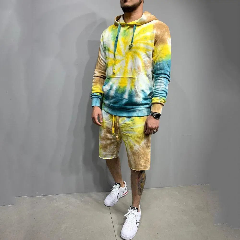 

2021 Unique Design Causal Loungewear Tie-dye Crew Neck Hoodies Running Two Piece Sets Mens Short Sportswear
