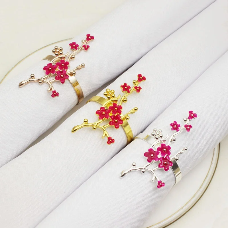 

Gold Silver Metal Napkin Ring Holder Buckle Clamp Plum Flower Shape Design for Wedding Party Birthday Table Decor HWF16