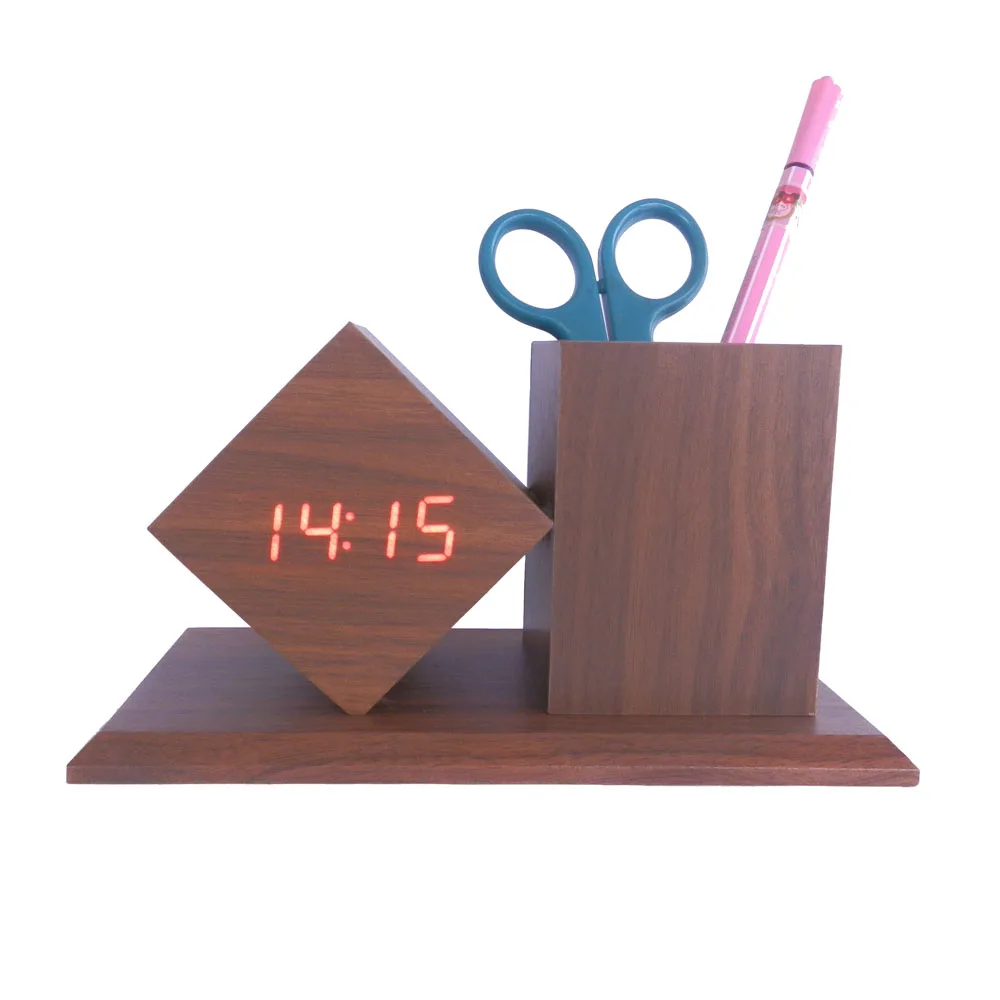 

Amazon best sell bamboo wooden penholder wood alarm clock with pen stand Multi Purpose pen holder with clock, Black, white, bamboo, brown